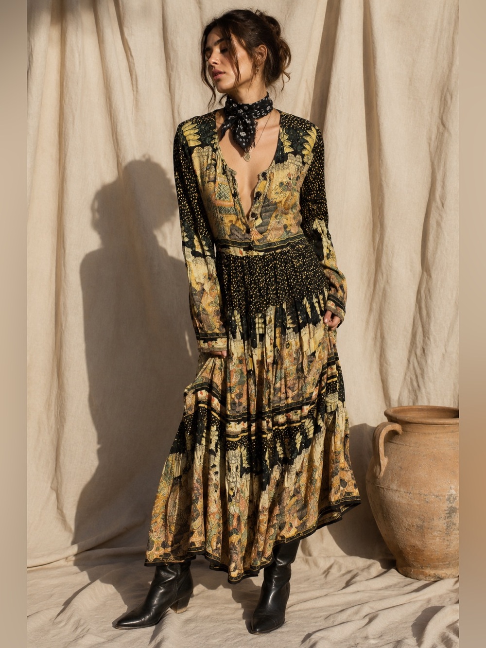 RARE Vintage Jasmine by K.V.M 1990s Boho Maxi Dress Long Sleeve size S Small 90s